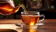 © Katrina - close up shot of tea being poured from a glass teapot into a clear teacup on a saucer