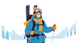 © Liza - Happy female skier with a backpack and goggles standing in a snowy mountain landscape ready for a winter adventure.