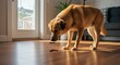 © Ksenia - Dog balancing treat on nose in hallway with warm sunbeam and soft background blur indoors today