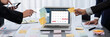 © InfiniteFlow - Analyst team use sticky note for creative and analytic brainstorm for business idea with BI data dashboard on laptop screen. Analysis financial data visualization tech for marketing strategy. Prodigy