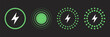 © Melissa J. Abrams - Professional green wireless charging and battery energy icon set featuring lightning bolt symbols, circular induction waves, and power status indicators for modern mobile user interface designs.