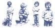 © Oly - Kids emotions set sad angry crying poses illustration. Collection of children showing sadness, anger, crying and frustration in pencil sketch drawing style. Background for parenting materials.