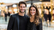 © Nataliya - High-fashion concept capturing essence stylish couple, bustling shopping mall image reflecting, fashion joy intersection couple showcasing, trendy outfits backdrop retail scene, with copy