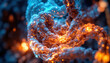 © Nomicastudio - Illuminated microscopic biological structure twists with glowing particles against a dark background