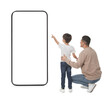 © New Africa - Family looking at big smartphone with blank screen isolated on white. Son pointing at device near his father