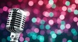 © florynstudio3 - Shiny silver vintage microphone, brightly lit, with blurred colorful bokeh background