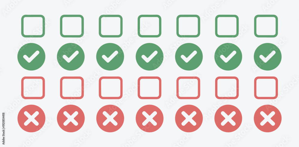 Set of green check marks and red cross marks in square and circle ...