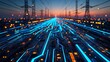 © shahjalal - High voltage power lines over urban skyline with glowing digital circuit interface, representing smart grid technology, modern energy infrastructure, electricity transmission, renewable power innovate