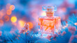 © A10zon Studio - Luxurious Perfume Bottle with Orange Liquid Displayed Amidst Frosty Blue Pine Branches