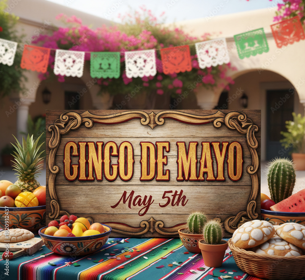 Cinco de Mayo Celebration Table with Festive Banner, Mexican Food, and ...