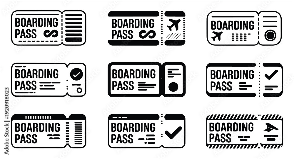 Airplane boarding pass icon set with check mark symbols for flight ...