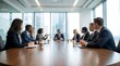 © CuteBee - Diverse business professionals in formal attire are seated around a large, polished conference table during an important strategic meeting in a modern office.