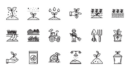 Naklejka na meble Agriculture and farming outline icon collection. Includes planting, watering, harvesting, tractor, farmer, tools, and plant growth symbols. Created in thin line style with black and white