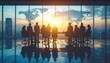 © Kaiju - Silhouetted business team in a modern office overlooking a city skyline and a world map overlaid on a sunset