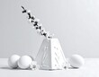 © browse - Minimalist still life a pyramid vase with a floral branch, white eggs, and blossoms on a light surface