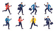© Puspita - Group of diverse busy professionals running to work with coffee cups and briefcases in a fast-paced urban morning.