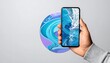 © Ahmer - Hand holding a smartphone, photographing abstract swirling artwork in blue, white, and black — symbol of digital documentation, art, and modern sharing.
