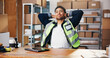 © WesJVR/peopleimages.com - Happy man, relax and stretching with small business in logistics for completion or done tasks. Male person, productive or finished with smile, boxes or cargo for supply chain or delivery deadline