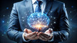 © SSCP DESIGN - Executive in a Navy Suit Presenting a Glowing Human Brain with Complex Network Connections, Symbolizing AI, Innovation, and Digital Progress in Business.