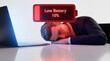© CHU-STUDIO - Exhausted business person resting head on desk with a giant glowing red low battery notification hovering above them demonstrating a powerful visual warning for burnout