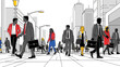 © Pupun - diverse business people walking on a busy city street an illustration depicting daily commute professional life and urban mobility.