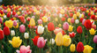© Sanoor - Vibrant tulip field with colorful blooms in sunlight showcasing red yellow pink and white flowers in a lush green landscape
