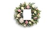© Raifa - Elegant floral wreath with delicate roses and greenery surrounding a blank white card.