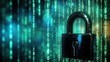 © btiger - Close-up dark metal padlock in foreground with cascading green binary code background conveying digital security and guarded protection