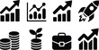 © ALEX BIN - Set of black flat business growth icons with financial charts rocket coins briefcase and sprout elements