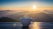© Gigidi - Sunrise Coffee Moment: A steaming cup of coffee rests on a wooden surface, with a picturesque mountain range and the radiant sun creating a serene and invigorating morning scene.