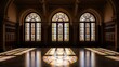 © thenort - Interior of ornate hall with three arched stained glass windows, light and shadow play