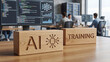 © AiDesign - AI training wooden blocks concept in software development office with programmers coding machine learning neural network algorithms for artificial intelligence enterprise technology implementation