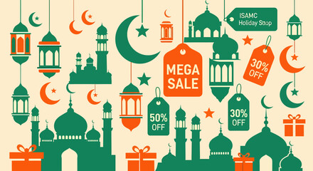  Ramadan Sale Illustration with Mosques, Lanterns, and Discount Tags.