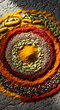 © Isabella - Colorful assortment of spices arranged in concentric circles on a rustic surface.