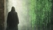 © Kakabe - A mysterious figure in a dark hooded cloak stands in a misty environment, surrounded by green digital code, This image can be used for topics related to technology, mystery, hacking