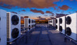 © Grispb - Building rooftop, HVAC installation. Outdoor air conditioning units operate at dusk, supporting commercial cooling, ventilation performance, and energy efficient climate control systems.