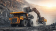 © Lemonkey - Excavator loading a dump truck with mined material at an open pit site, showcasing heavy equipment, industrial activity, and large scale resource extraction.