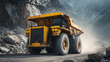 © Lemonkey - Massive yellow mining haul truck operating in an open pit quarry, heavy machinery for industrial excavation, construction and resource extraction.