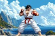 © hens - pixel art martial artist in torn white gi and red belt, fists raised in a determined fighting pose on a rocky coastal cliff under dramatic blue sky and clouds