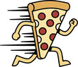 © Apostrov Studio - Fast running pepperoni pizza slice mascot vector. Energetic cartoon character with speed lines for express food delivery branding, pizza shop marketing, fitness memes, and snack delivery ads