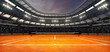 © LeArchitecto - Clay tennis court at a sports arena with shining spotlights and fans ready for the upcoming grand sporting event. Professional sports background for advertisement.