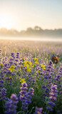 Scenic image of field with lavender and yellow flower and butterfly, representing nature's delicate beauty and peaceful summer landscape