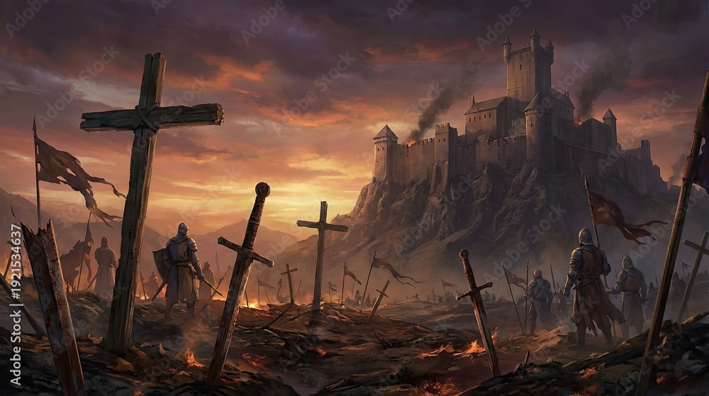 Epic fantasy battle scene with castle sunset and chivalry art concept ...