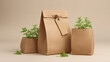 © syaifuddin - Brown paper packaging with green plants in bags and pots on a neutral background from a front view