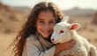 © Vadym - Young girl with long curly hair gently holds a fluffy white lamb. She smiles warmly against a blurred desert background. Innocence, care, and tenderness define this tender moment.