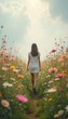 © Pete - Woman in white dress walks on dirt path through vibrant blooming flower field. Sunny day with soft clouds above shows bright summer nature scene.