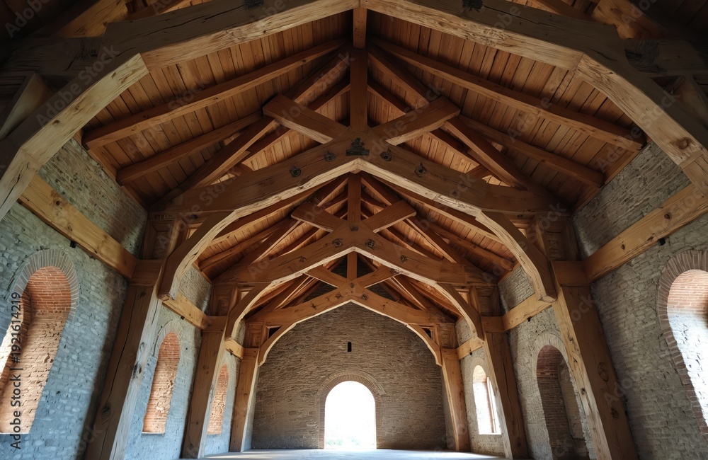 Foto de Stock Large wooden beam structure inside old stone building ...