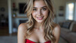 © Bernd Schmidt - Close up portrait of a young blonde woman with wavy hair wearing a red strapless top smiling in a room generative AI