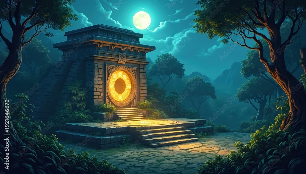 Ancient stone temple ruin in jungle at night. Glowing portal on ...