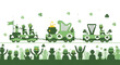 © NoContext - Joyful St. Patrick's Day parade illustration depicting a festive train carrying cheerful leprechauns and iconic Irish symbols amidst a celebrating crowd